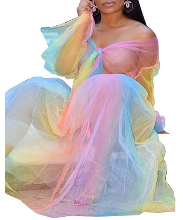 Womens Rainbow Mesh See Through Self Tie Crop Top Long Skirt Cover Ups - 2 Piece Set - Rainbow - CD18SKNWNNN $21.02-Cover-Ups