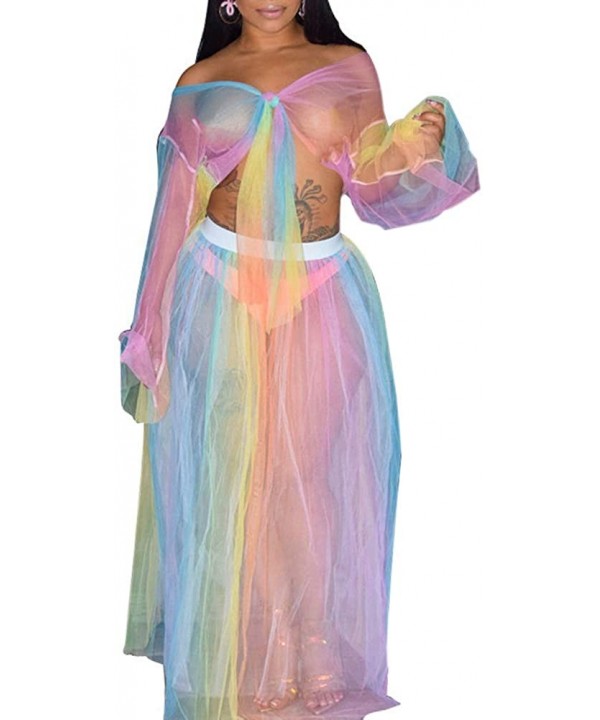 Womens Rainbow Mesh See Through Self Tie Crop Top Long Skirt Cover Ups - 2 Piece Set - Rainbow - CD18SKNWNNN $21.02-Cover-Ups