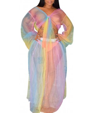 Womens Rainbow Mesh See Through Self Tie Crop Top Long Skirt Cover Ups - 2 Piece Set - Rainbow - CD18SKNWNNN $21.02-Cover-Ups