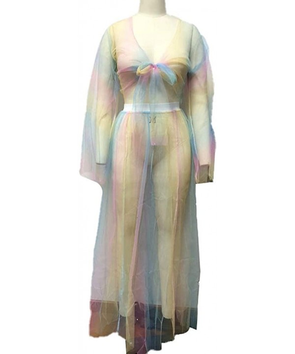 Womens Rainbow Mesh See Through Self Tie Crop Top Long Skirt Cover Ups - 2 Piece Set - Rainbow - CD18SKNWNNN $21.02-Cover-Ups