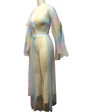 Womens Rainbow Mesh See Through Self Tie Crop Top Long Skirt Cover Ups - 2 Piece Set - Rainbow - CD18SKNWNNN $21.02-Cover-Ups