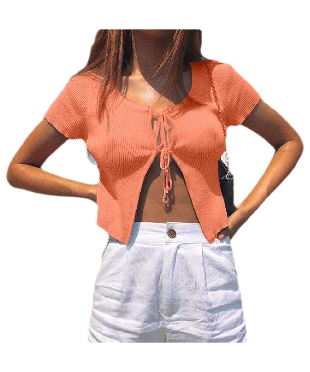 Womens Beach Short Sleeve Light Weight Solid Color Cropped Self Tie Cardigan - Orange - C219CAXAIRY $22.16-Cover-Ups