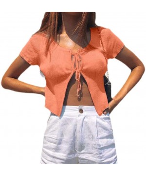 Womens Beach Short Sleeve Light Weight Solid Color Cropped Self Tie Cardigan - Orange - C219CAXAIRY $22.16-Cover-Ups