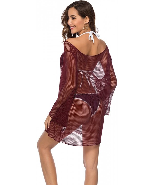 Women's Sexy Crochet Net Swimsuits Cover Ups V Neck Loose Beachwear Side Slit Open Bikini Cover Up Dress Swimwear - Wine Red ...