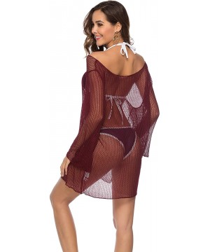 Women's Sexy Crochet Net Swimsuits Cover Ups V Neck Loose Beachwear Side Slit Open Bikini Cover Up Dress Swimwear - Wine Red ...