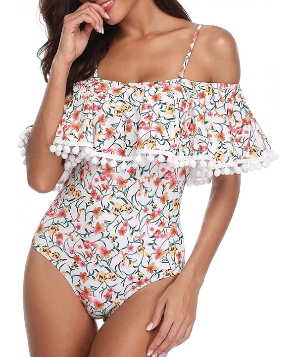 Women's One Piece Retro Ruffle Printed Off Shoulder Slimming Swimsuit - I-beige - CS18E0LR795 $28.92-One-Pieces