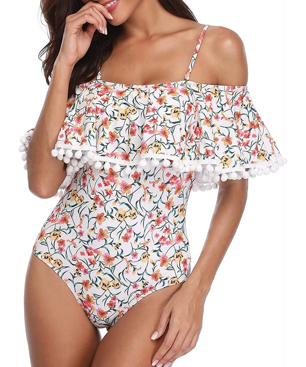 Women's One Piece Retro Ruffle Printed Off Shoulder Slimming Swimsuit - I-beige - CS18E0LR795 $28.92-One-Pieces