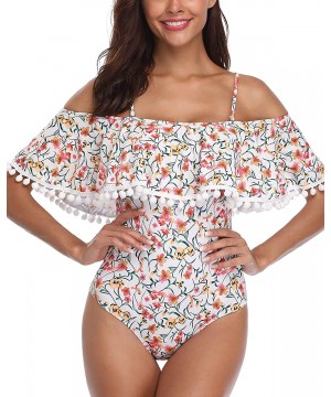 Women's One Piece Retro Ruffle Printed Off Shoulder Slimming Swimsuit - I-beige - CS18E0LR795 $28.92-One-Pieces