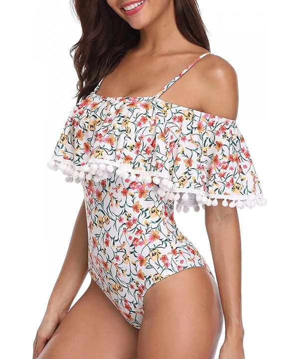 Women's One Piece Retro Ruffle Printed Off Shoulder Slimming Swimsuit - I-beige - CS18E0LR795 $28.92-One-Pieces