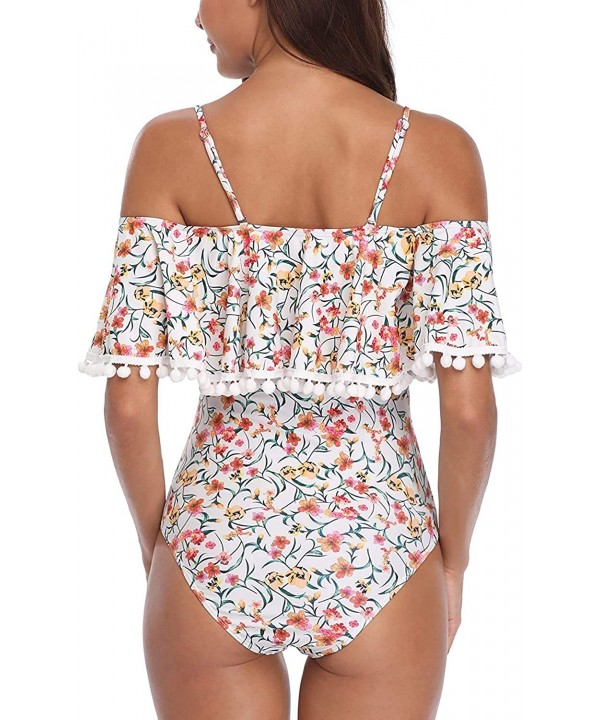 Women's One Piece Retro Ruffle Printed Off Shoulder Slimming Swimsuit - I-beige - CS18E0LR795 $28.92-One-Pieces