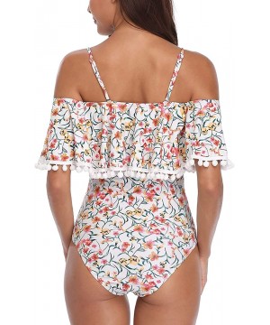 Women's One Piece Retro Ruffle Printed Off Shoulder Slimming Swimsuit - I-beige - CS18E0LR795 $28.92-One-Pieces