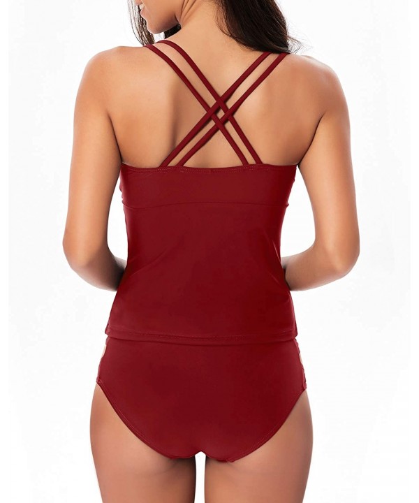 Women's V Neck Tankini Set Criss Cross Back Tankini Top with Bikini Bottom Two Piece Bathing Suits - Wine Red - CU18SYNUX6M $...