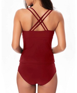 Women's V Neck Tankini Set Criss Cross Back Tankini Top with Bikini Bottom Two Piece Bathing Suits - Wine Red - CU18SYNUX6M $...