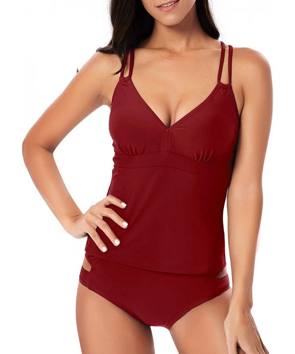 Women's V Neck Tankini Set Criss Cross Back Tankini Top with Bikini Bottom Two Piece Bathing Suits - Wine Red - CU18SYNUX6M $...