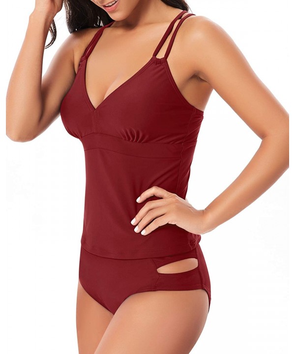 Women's V Neck Tankini Set Criss Cross Back Tankini Top with Bikini Bottom Two Piece Bathing Suits - Wine Red - CU18SYNUX6M $...