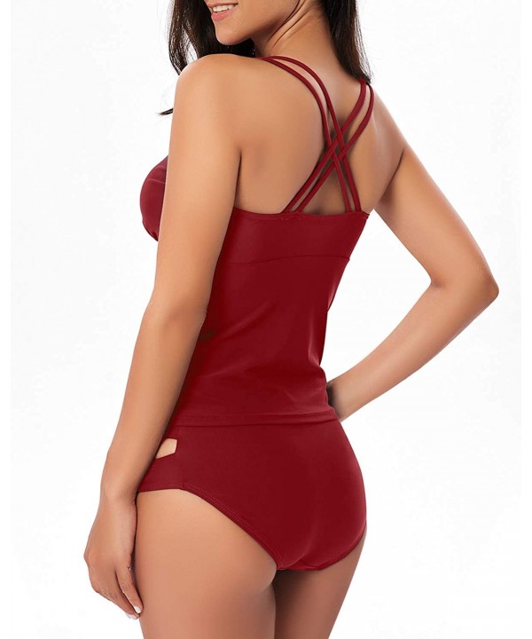 Women's V Neck Tankini Set Criss Cross Back Tankini Top with Bikini Bottom Two Piece Bathing Suits - Wine Red - CU18SYNUX6M $...