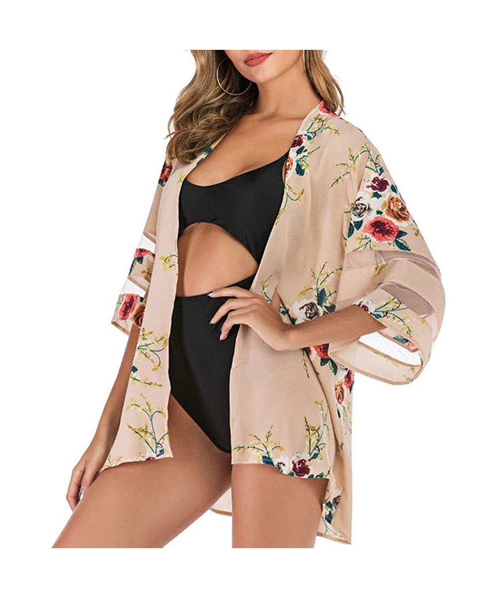 Kimonos for Women Boho Beach Kimono Cover Up Half Sleeve Kimono Cardigans Casual Blouse Top Flowy Shawl Coverups - Khaki Flow...