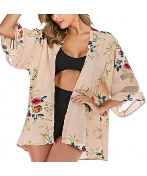 Kimonos for Women Boho Beach Kimono Cover Up Half Sleeve Kimono Cardigans Casual Blouse Top Flowy Shawl Coverups - Khaki Flow...