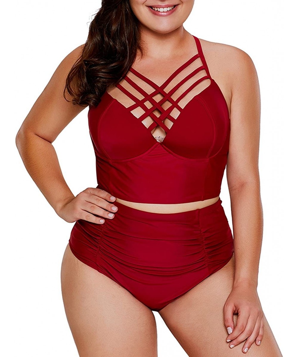 Women's Plus Size Bathing Suit Strappy High Waist Bikini Swimsuit M-XXXL - Red - CE189UGKR3X $22.16-Sets