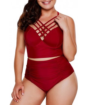 Women's Plus Size Bathing Suit Strappy High Waist Bikini Swimsuit M-XXXL - Red - CE189UGKR3X $22.16-Sets