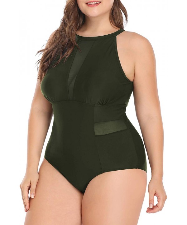 Plus Size One Piece Swimsuit for Women High Neck Plunge Mesh Cutout Monokini Swimwear - Olive Green - CS18RU8ODYD $26.26-One-...