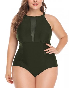 Plus Size One Piece Swimsuit for Women High Neck Plunge Mesh Cutout Monokini Swimwear - Olive Green - CS18RU8ODYD $26.26-One-...