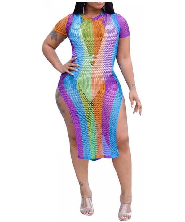 Womens Sexy Rainbow Stripe Mesh Sheer Short Sleeves Side High Split Fishnet Dress Bikini Cover Up - Purple - CI18WGCD4NZ $27....