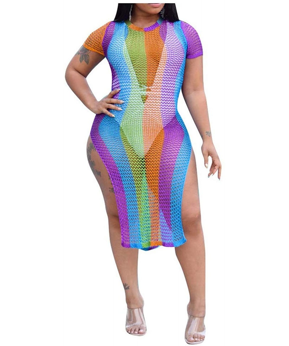 Womens Sexy Rainbow Stripe Mesh Sheer Short Sleeves Side High Split Fishnet Dress Bikini Cover Up - Purple - CI18WGCD4NZ $27....