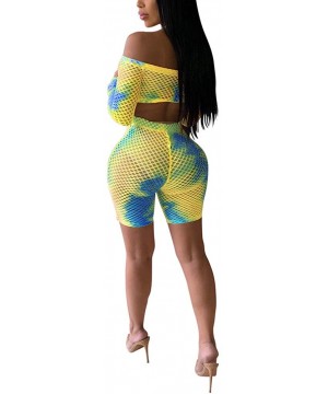 Womens Mesh Bikini Cover Up Rainbow Crop Top Fishnet Bodysuit Shorts Set 2 Piece Outfits Swimsuit Yellow & Blue - CX18W0N9ZDQ...