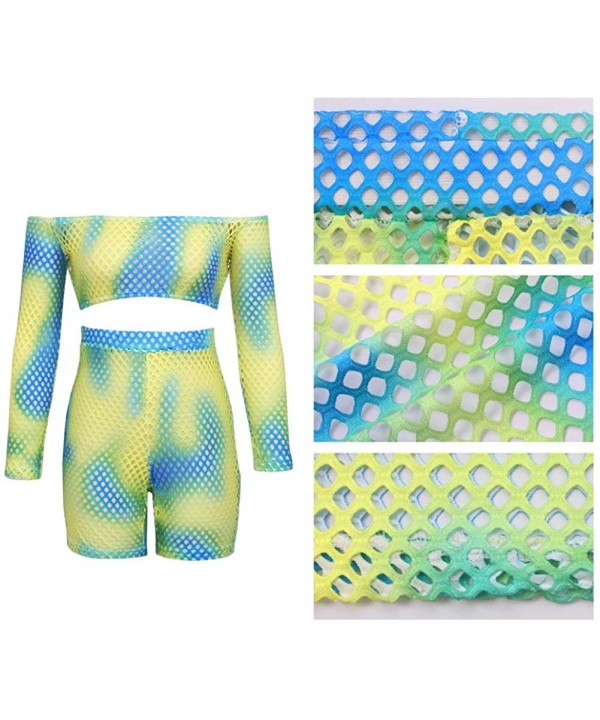 Womens Mesh Bikini Cover Up Rainbow Crop Top Fishnet Bodysuit Shorts Set 2 Piece Outfits Swimsuit Yellow & Blue - CX18W0N9ZDQ...