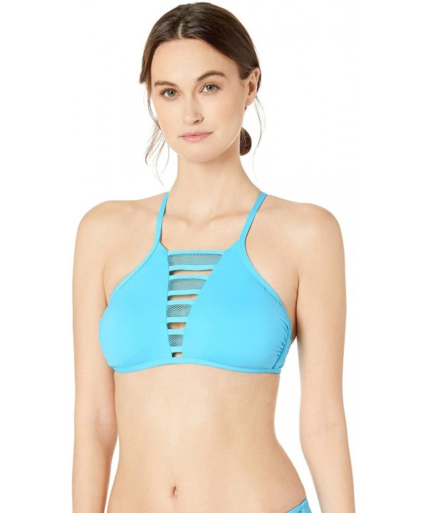 Women's High Neck Bikini Swim Top - Solid Mesh Mix Turquoise - CY18KGLEX98 $12.58-Sets