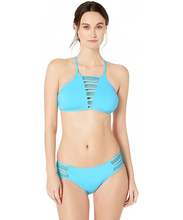 Women's High Neck Bikini Swim Top - Solid Mesh Mix Turquoise - CY18KGLEX98 $12.58-Sets