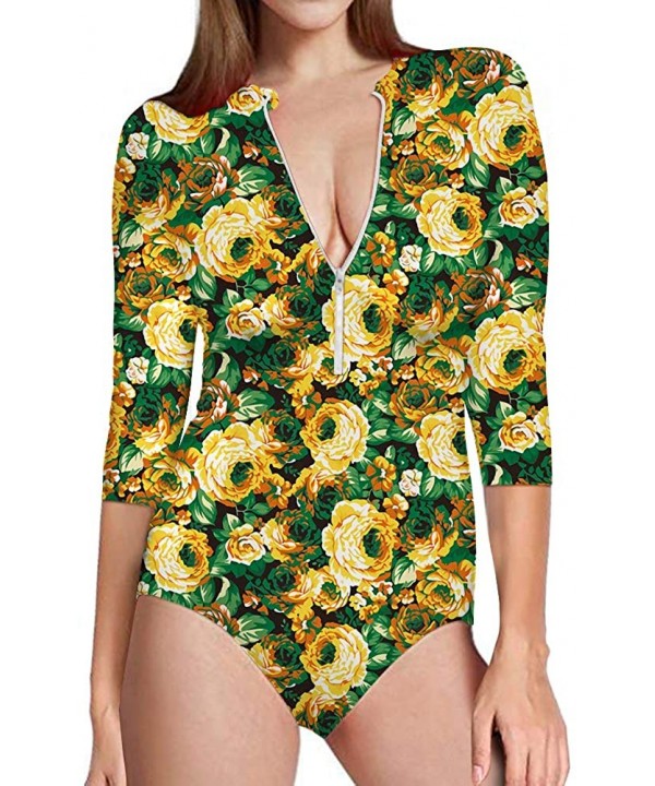 Women Allover Printed One Piece Swimsuit Front Zip Rash Guard 3/4 Short Sleeve Sun Protection - Floral 7 - CV18R2CDN26 $34.92...