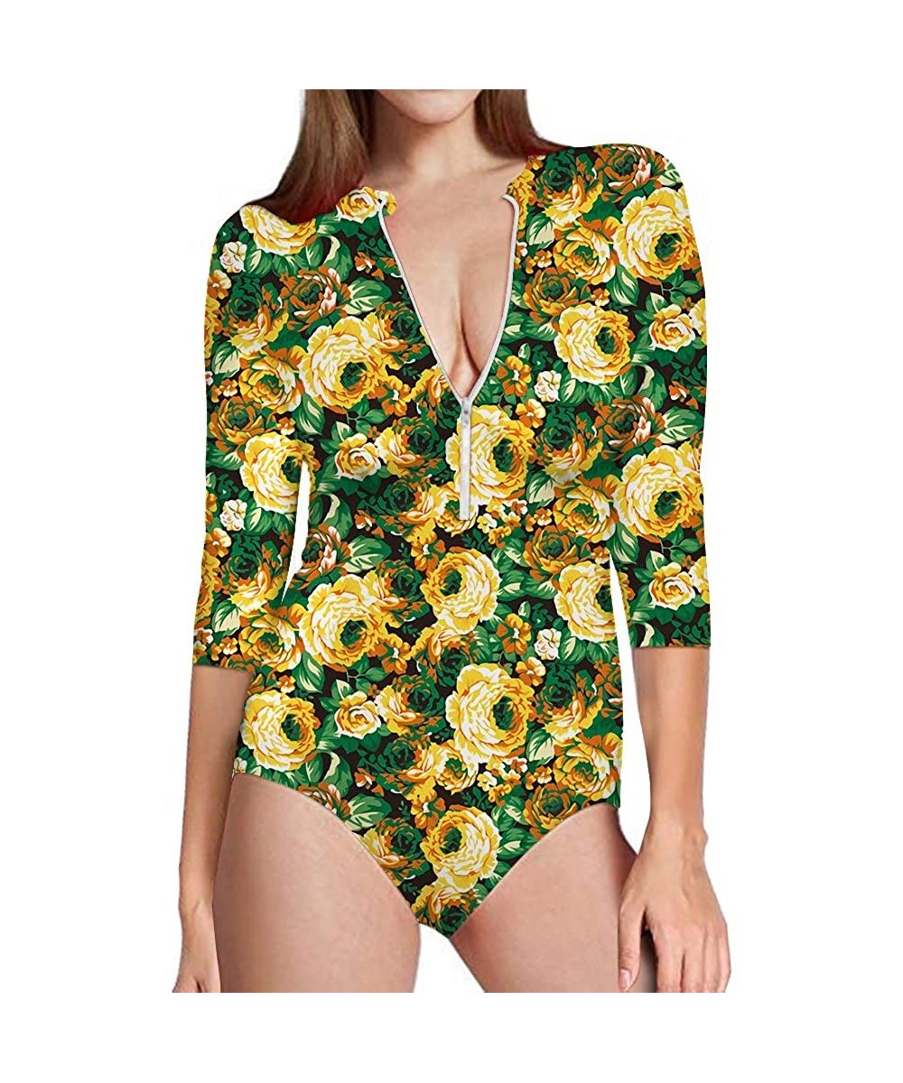 Women Allover Printed One Piece Swimsuit Front Zip Rash Guard 3/4 Short Sleeve Sun Protection - Floral 7 - CV18R2CDN26 $34.92...