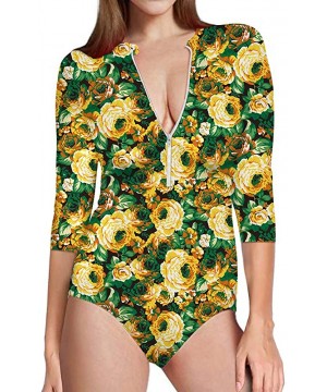 Women Allover Printed One Piece Swimsuit Front Zip Rash Guard 3/4 Short Sleeve Sun Protection - Floral 7 - CV18R2CDN26 $34.92...