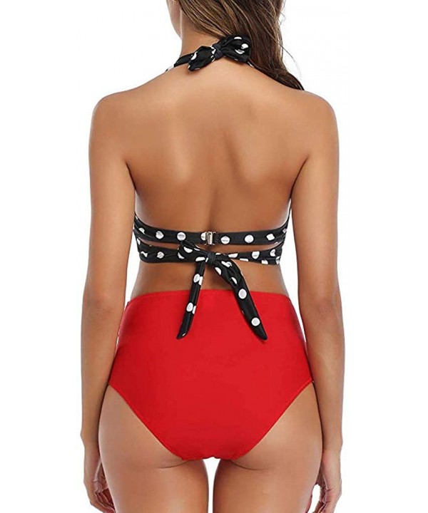 Swimsuits for Women Two Piece Bathing Suits Vintage Halter Ruched Top High Waist Bottom Bikini Set - Red Top Dot - C8193WRAIA...