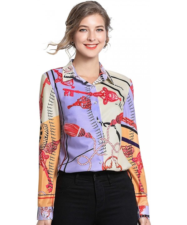 Women's Collared Paisley-Inspired Shirt Long Sleeve Button up Casual Blouse Top - Beige & Purple - C518Q865UM5 $20.45-Sets