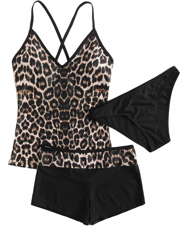 Women's Sexy Swimwear 3 Piece Leoprad Print Adjustable Strap Tankini Set with Shorts - Black - CX1922374ER $19.54-Sets