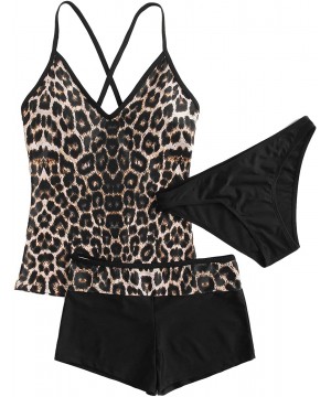 Women's Sexy Swimwear 3 Piece Leoprad Print Adjustable Strap Tankini Set with Shorts - Black - CX1922374ER $19.54-Sets