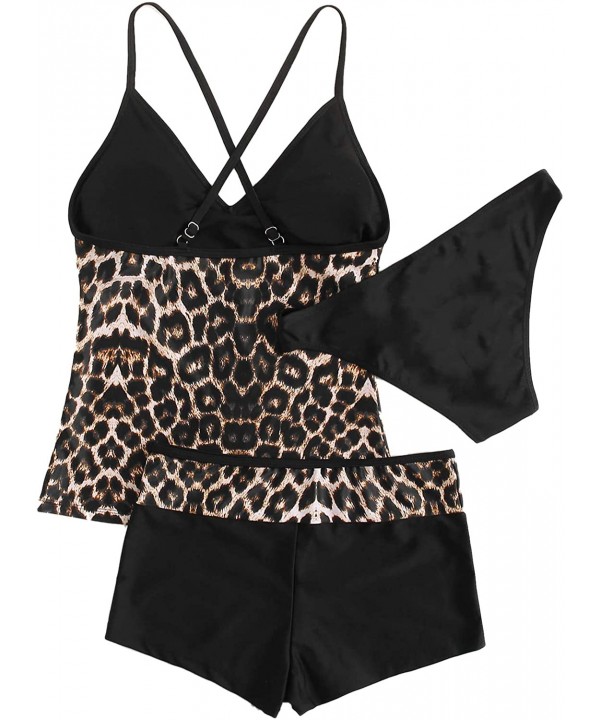 Women's Sexy Swimwear 3 Piece Leoprad Print Adjustable Strap Tankini Set with Shorts - Black - CX1922374ER $19.54-Sets