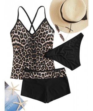 Women's Sexy Swimwear 3 Piece Leoprad Print Adjustable Strap Tankini Set with Shorts - Black - CX1922374ER $19.54-Sets