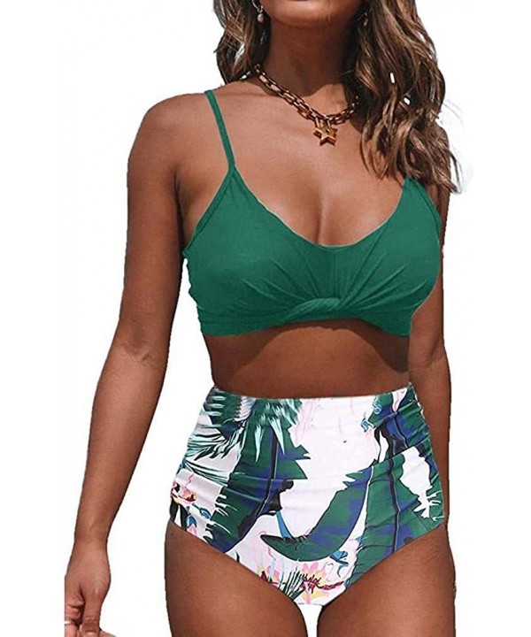 Womens High Waisted Ruched Swimsuit Spaghetti Strap Front Twist Top Two Piece Bathing Suit Swimwear - Green - CV193Z5KRIY $11...