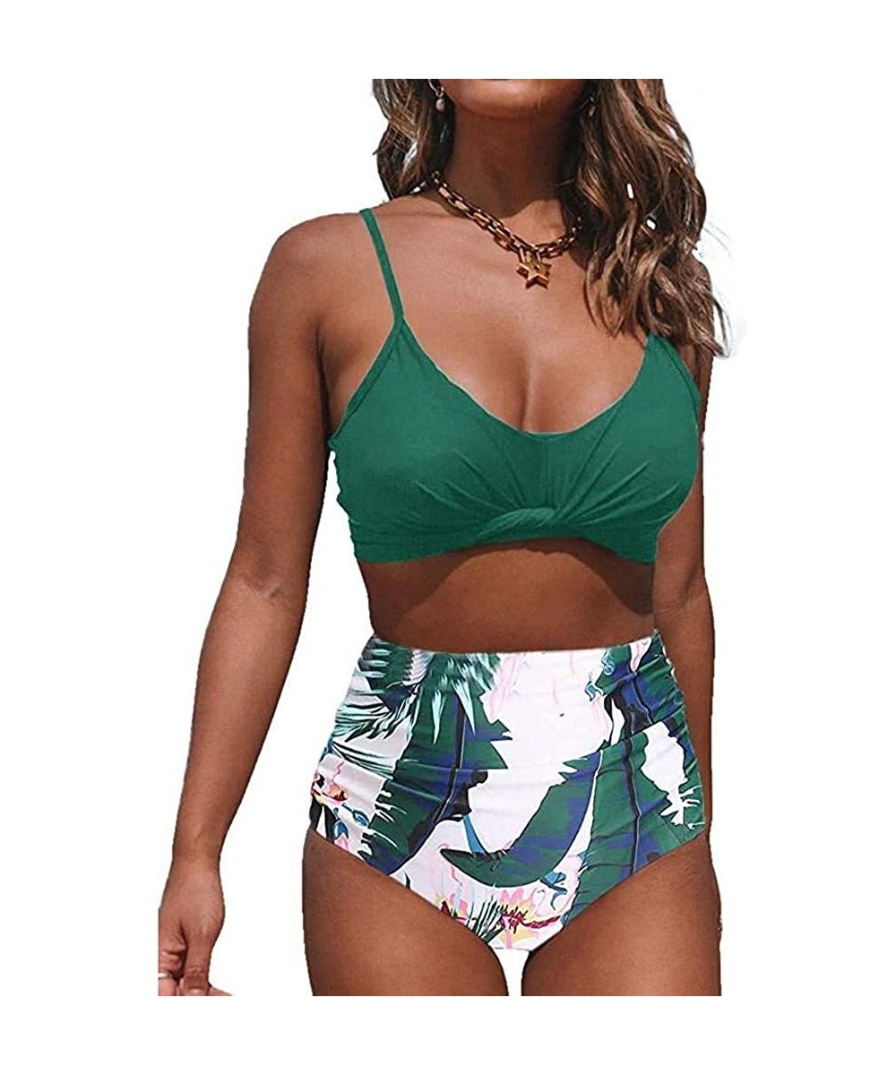 Womens High Waisted Ruched Swimsuit Spaghetti Strap Front Twist Top Two Piece Bathing Suit Swimwear - Green - CV193Z5KRIY $11...