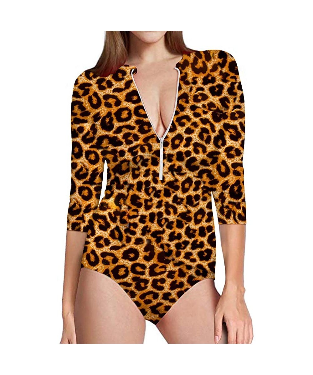 Women Rashguard Long Sleeve Zip UV Protection Printed Surfing Swimsuit Swimwear Bathing Suits - Leopard - C318QW0X4R3 $48.83-...