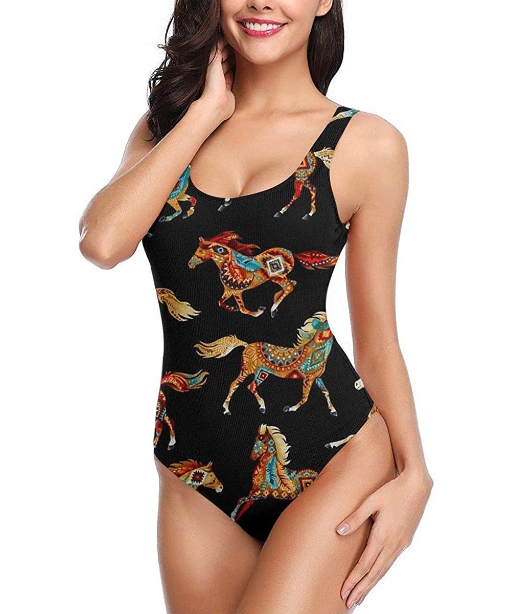 Women Tummy Control Vintage Party One-Piece Halter Backless Swimsuits Beachwear - National Style Horse By the Yard Black Pict...