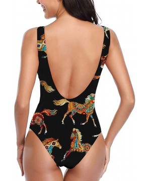 Women Tummy Control Vintage Party One-Piece Halter Backless Swimsuits Beachwear - National Style Horse By the Yard Black Pict...