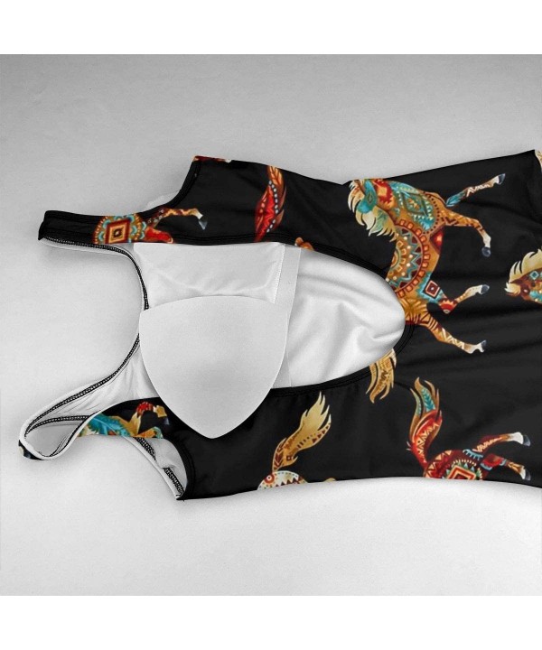 Women Tummy Control Vintage Party One-Piece Halter Backless Swimsuits Beachwear - National Style Horse By the Yard Black Pict...