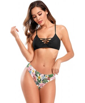 Women's Floral Print Swim Bottom Cutout Spaghetti Strap Halter Top Two Piece Strappy Bikini Swimsuit - Black - D - CD18A9RWMT...