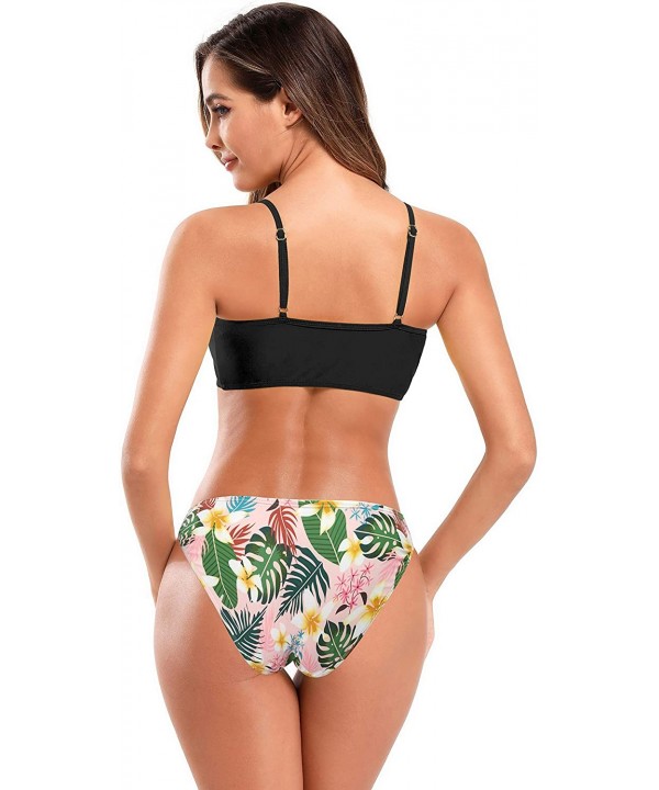 Women's Floral Print Swim Bottom Cutout Spaghetti Strap Halter Top Two Piece Strappy Bikini Swimsuit - Black - D - CD18A9RWMT...