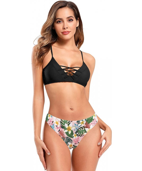 Women's Floral Print Swim Bottom Cutout Spaghetti Strap Halter Top Two Piece Strappy Bikini Swimsuit - Black - D - CD18A9RWMT...